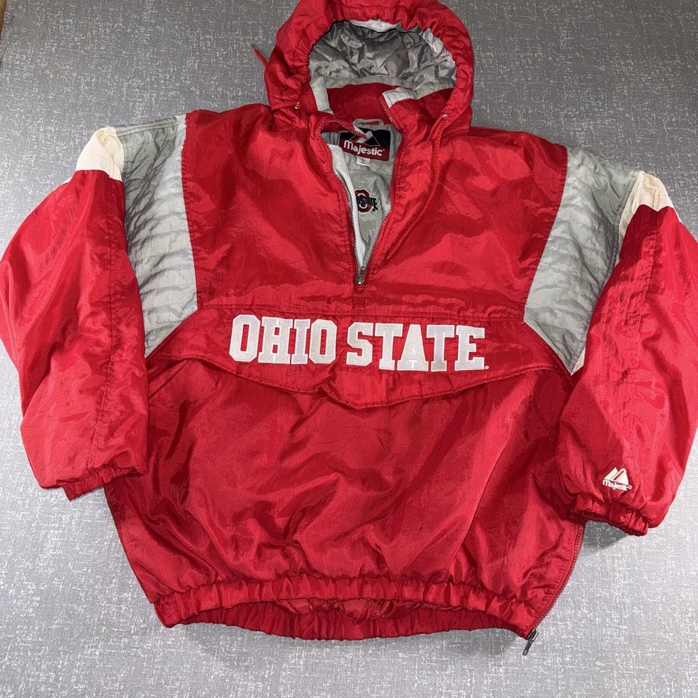 Ohio State Buckeyes Jacket Mens Large Red NCAA Football Majestic Pullover Hooded